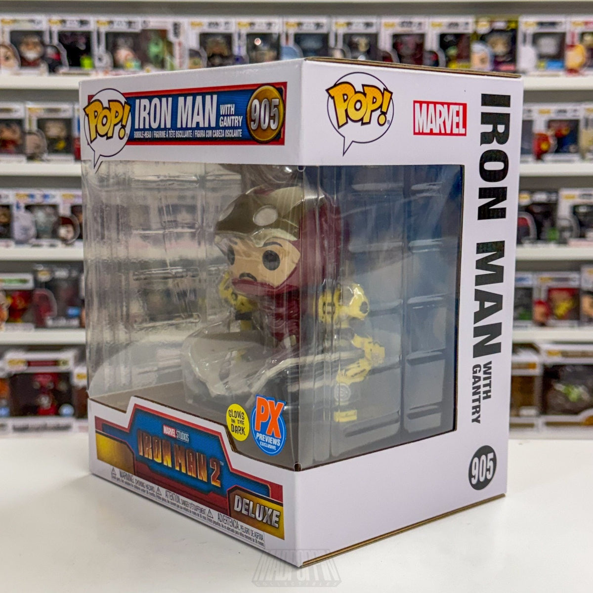 Funko Pop Marvel Iron Man w/Gantry GLow PX 905 MCU Superhero Deluxe Vinyl Figure