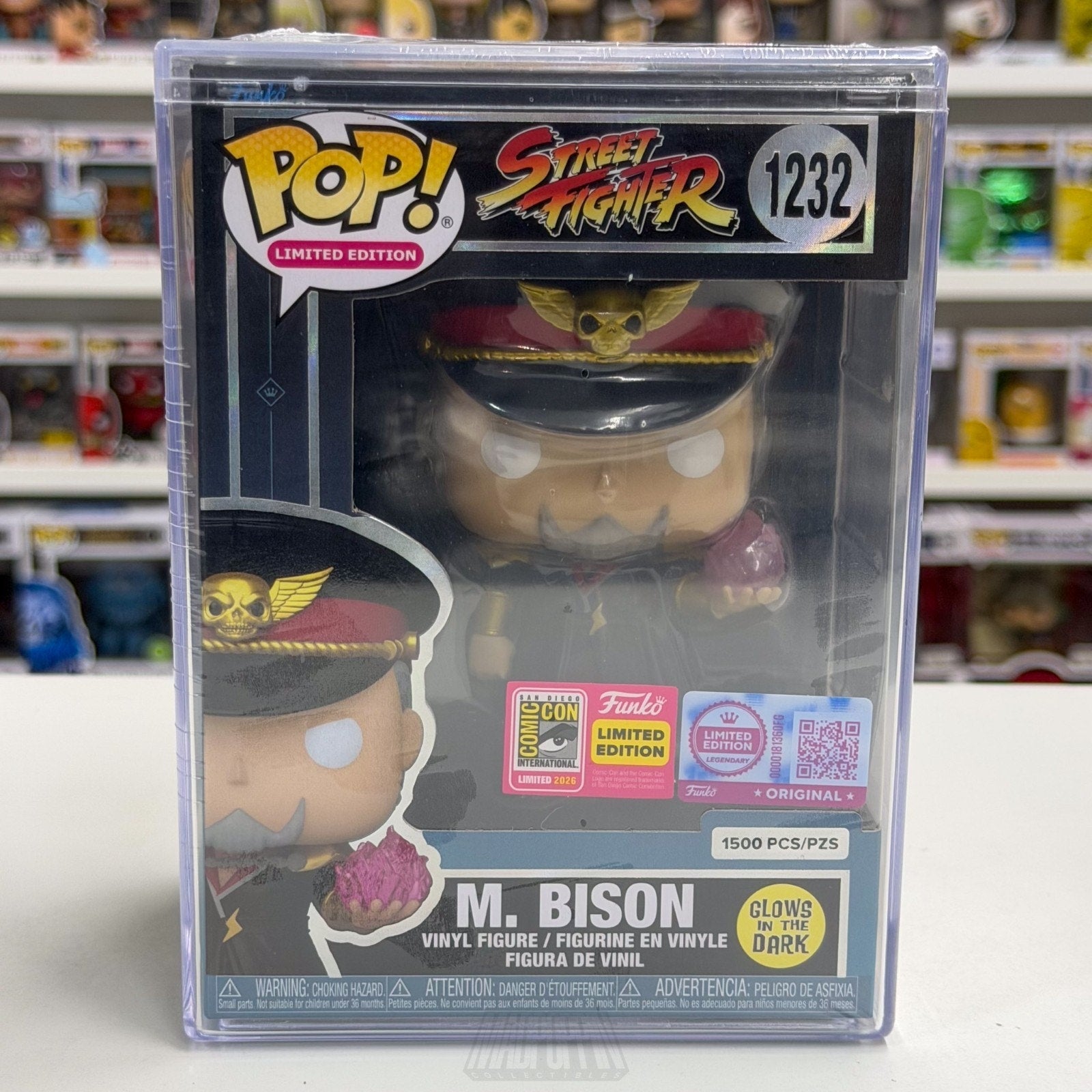 Funko Pop Street Fighter M Bison Glow 1232 1500 SDCC 2026 LEGENDARY CON STICKER