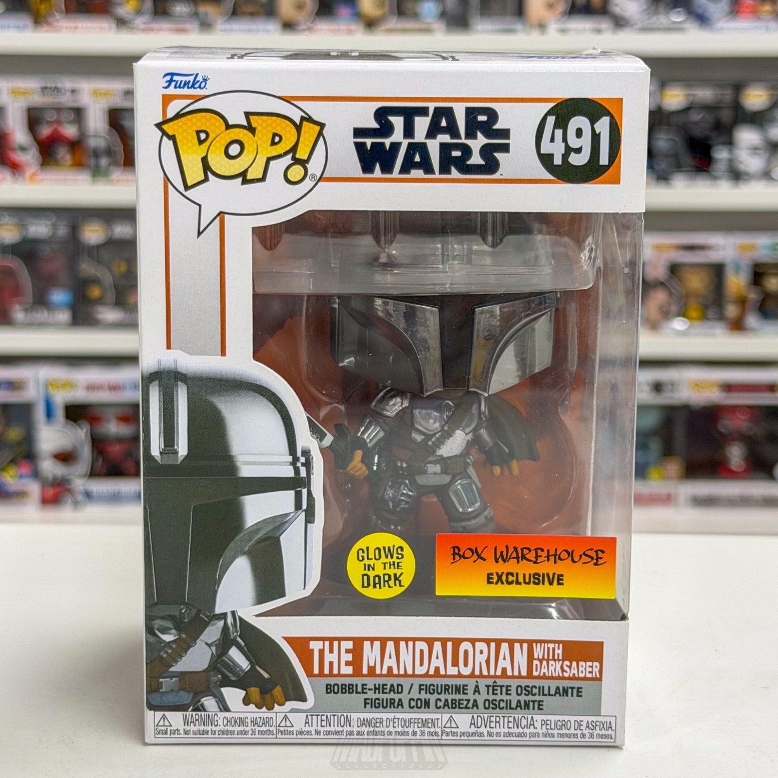 Funko Pop Star Wars Mandalorian w/Darksaber Glow Box Warehouse 491 Vinyl Figure