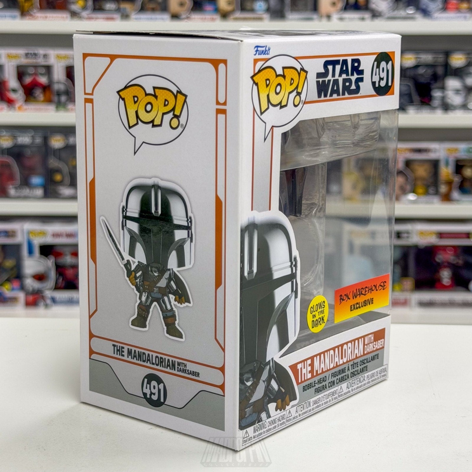 Funko Pop Star Wars Mandalorian w/Darksaber Glow Box Warehouse 491 Vinyl Figure