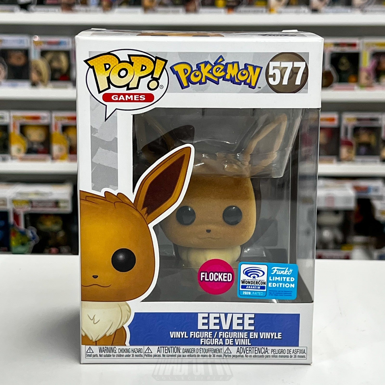 Funko Pop Games Pokemon Eevee Flocked WonderCon 577 Official Sticker TCG Figure0