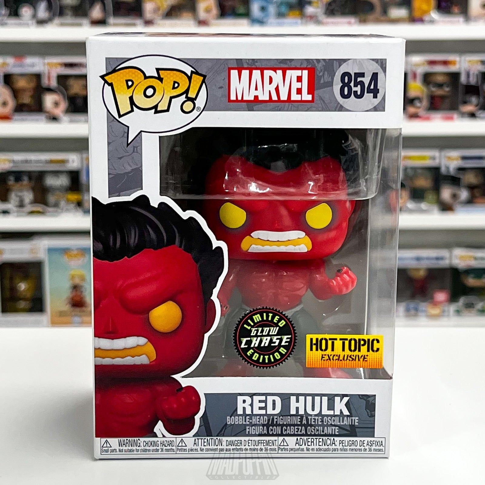 Funko Pop Marvel Red Hulk 854 Glow Chase Hot Topic Exclusive Vinyl Figure Bobble