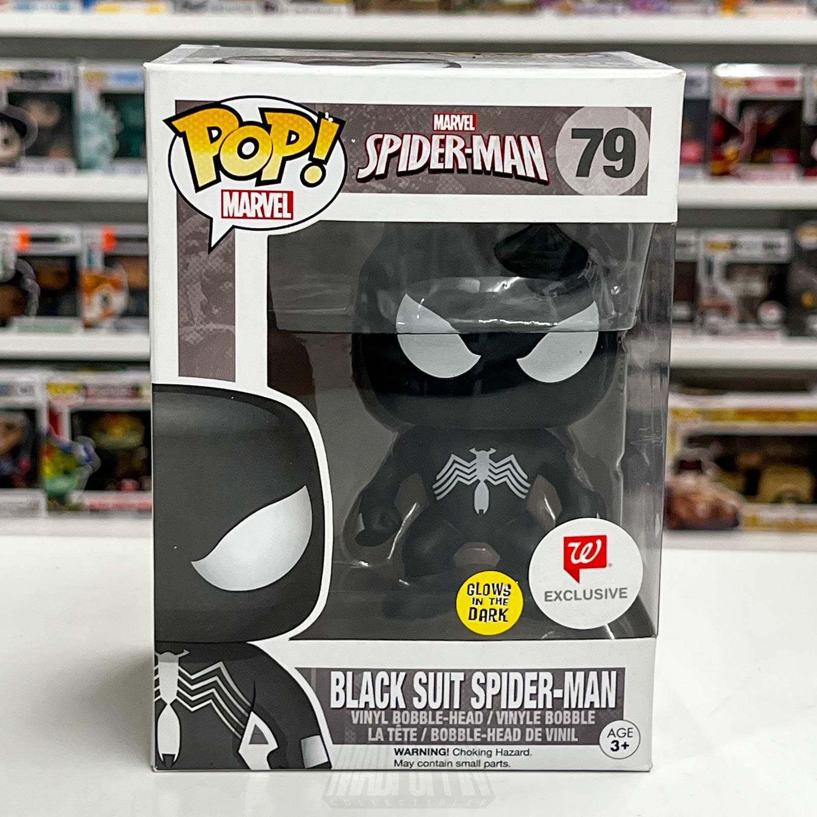 Funko Pop Marvel Black Suit SpiderMan Glow Walgreens 79 Secret Wars Toy Figure1