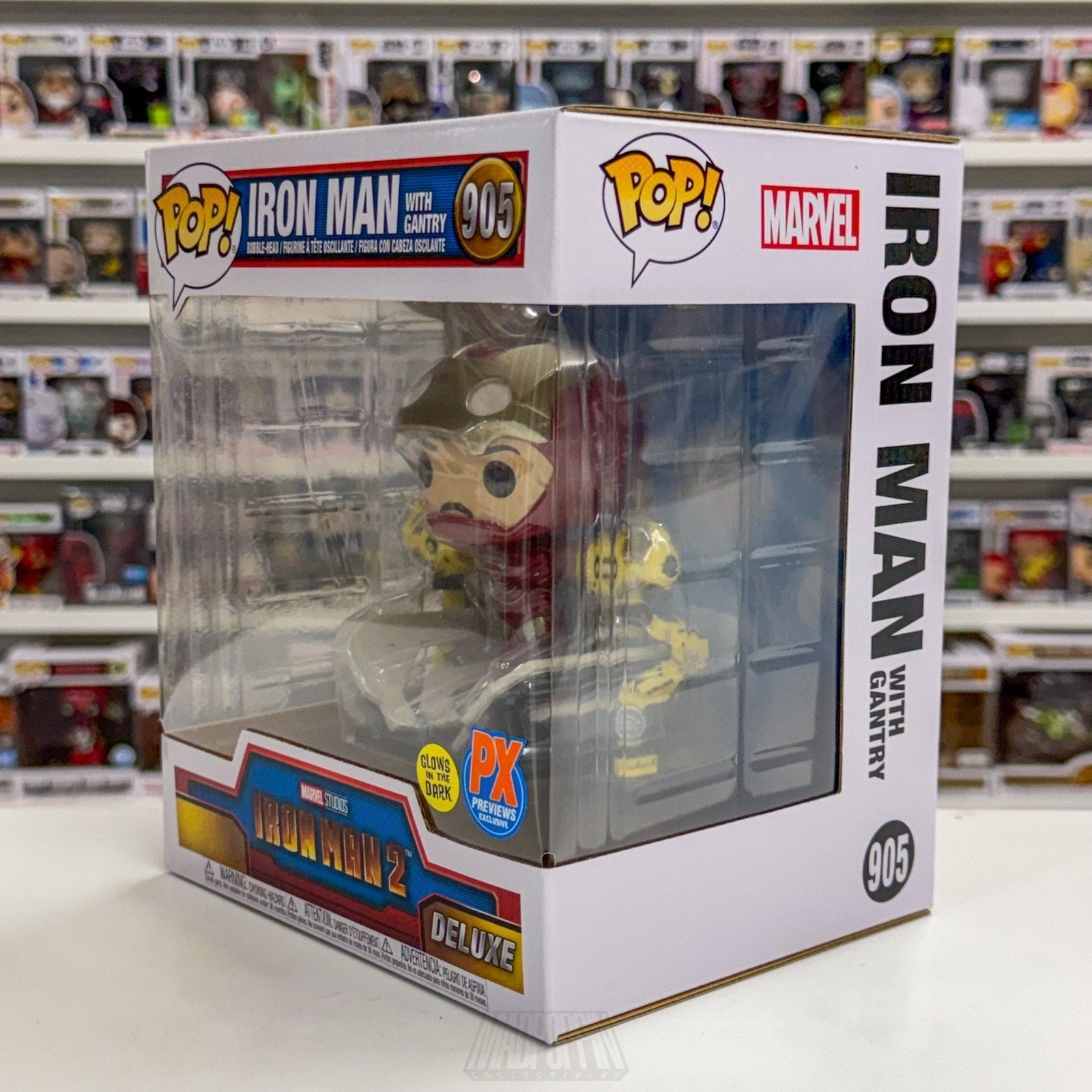 Funko Pop Marvel Iron Man w/Gantry GLow PX 905 MCU Superhero Deluxe Vinyl Figure