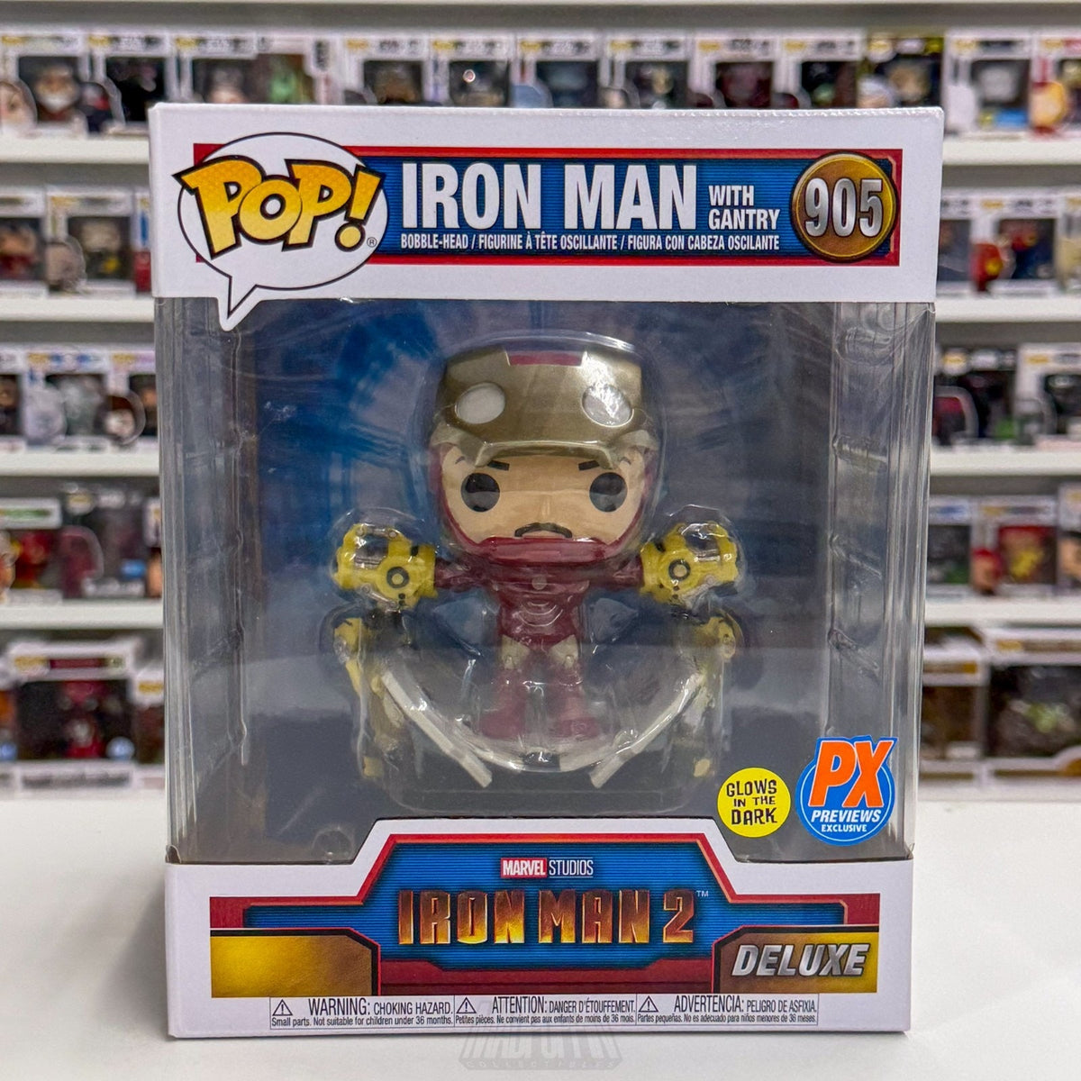 Funko Pop Marvel Iron Man w/Gantry GLow PX 905 MCU Superhero Deluxe Vinyl Figure