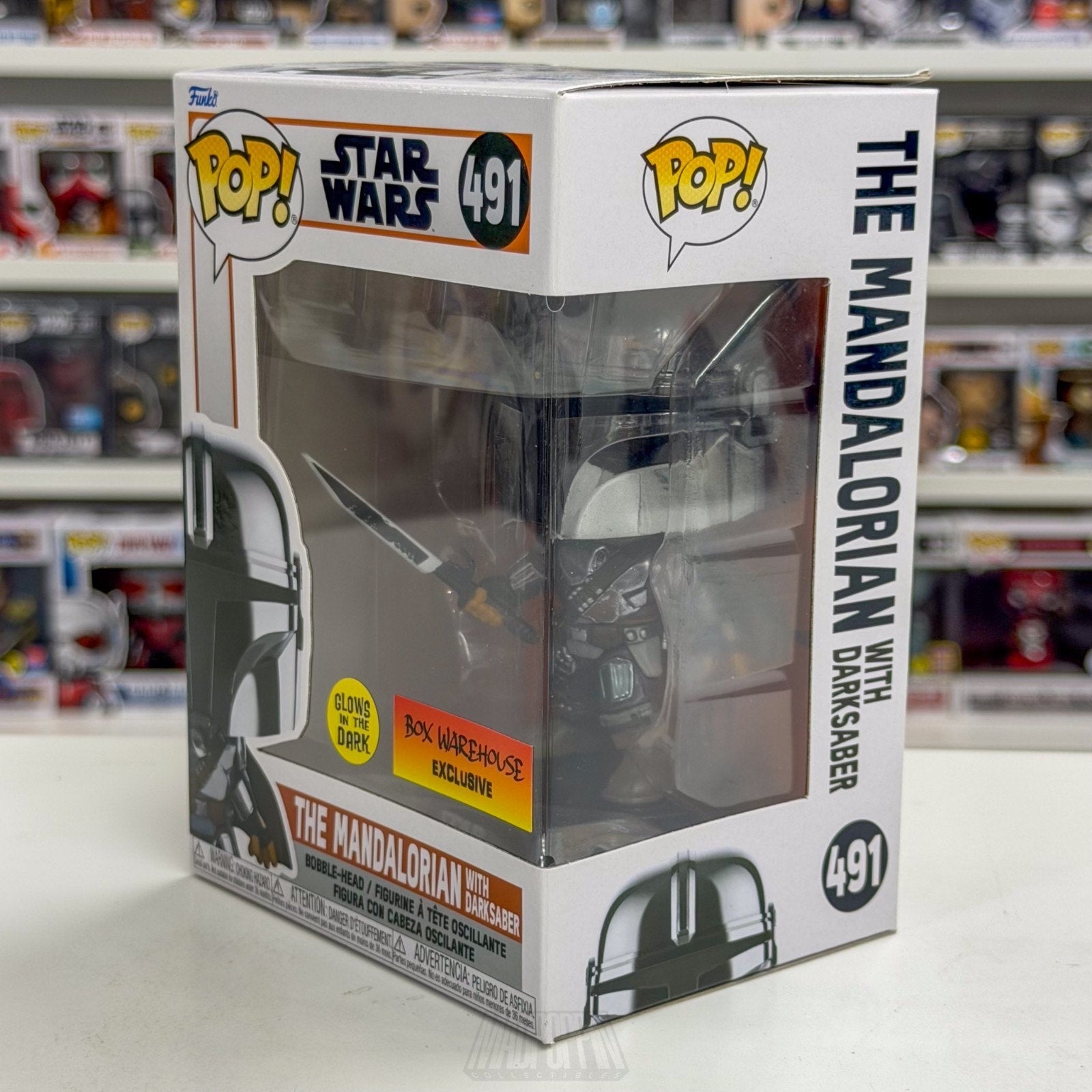 Funko Pop Star Wars Mandalorian w/Darksaber Glow Box Warehouse 491 Vinyl Figure