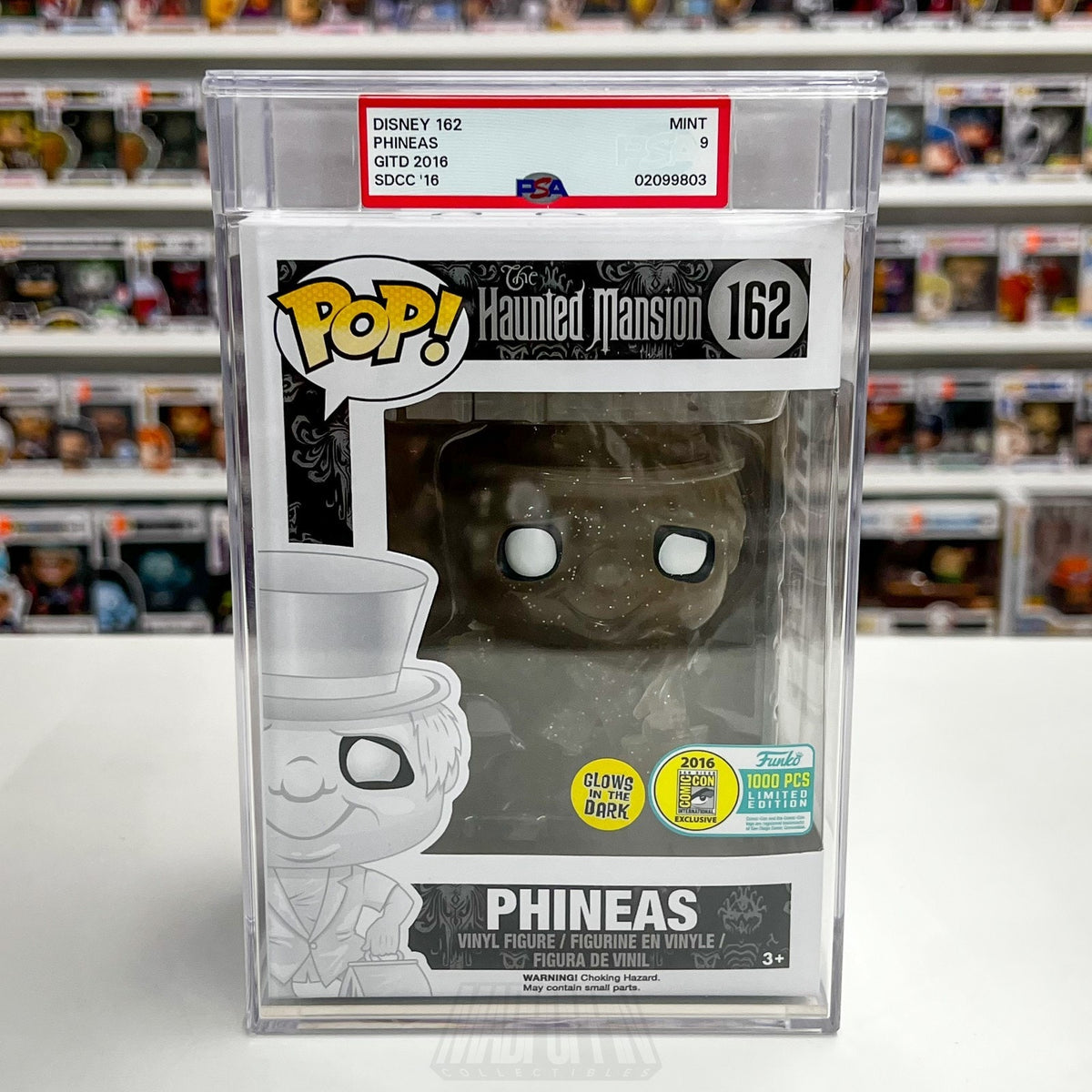 Funko Pop Disney The Haunted Mansion Phineas Glow SDCC 1000 PCS 162 PSA Graded 9